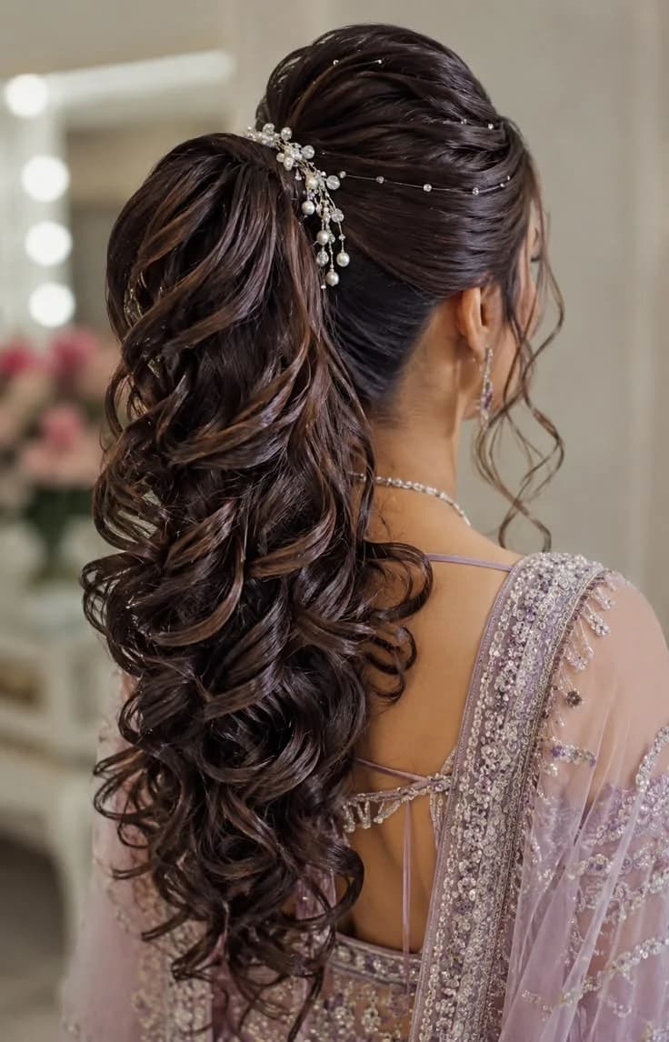 High curled ponytail dressed with a pearl and crystal vine, worn with a lilac lehenga