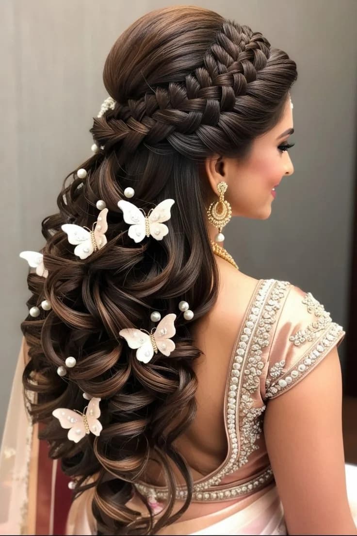 Braided half-up with pearl butterflies set through soft curls