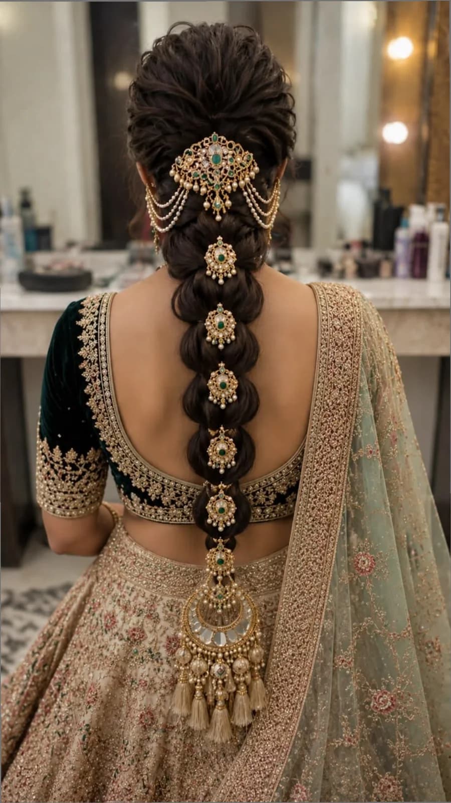 Bridal braid dressed the full length with emerald and pearl jewellery and a chandelier tassel