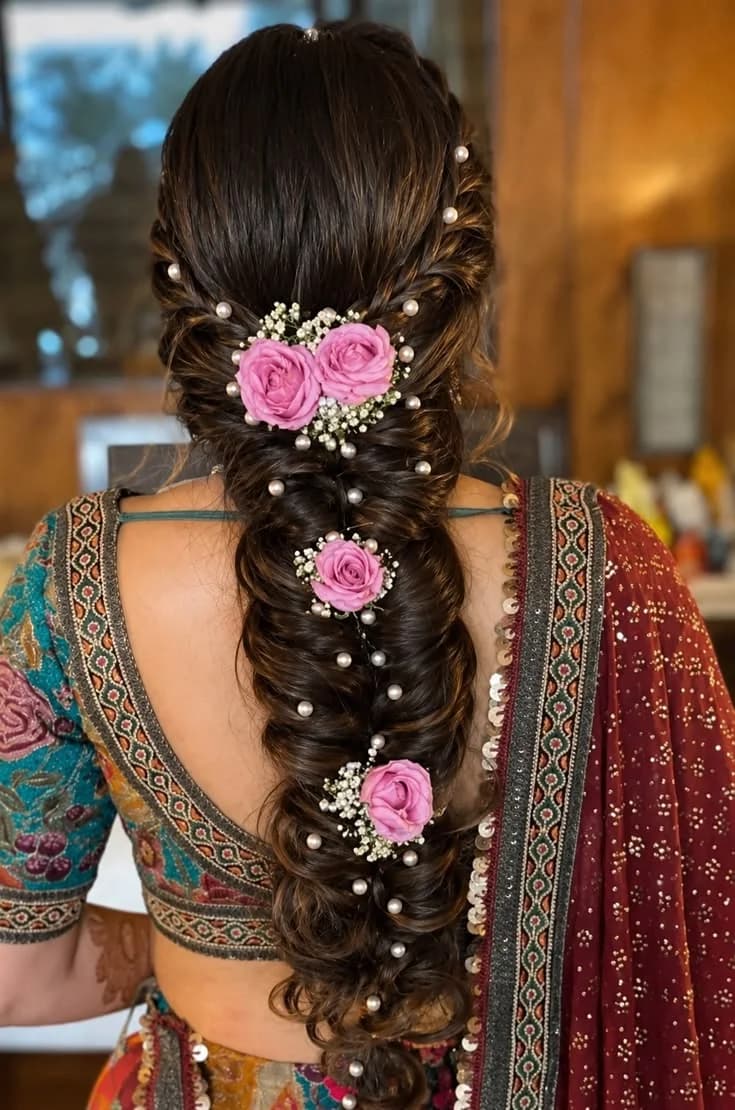 Loose bridal braid dressed with pink roses, baby’s breath and scattered pearls