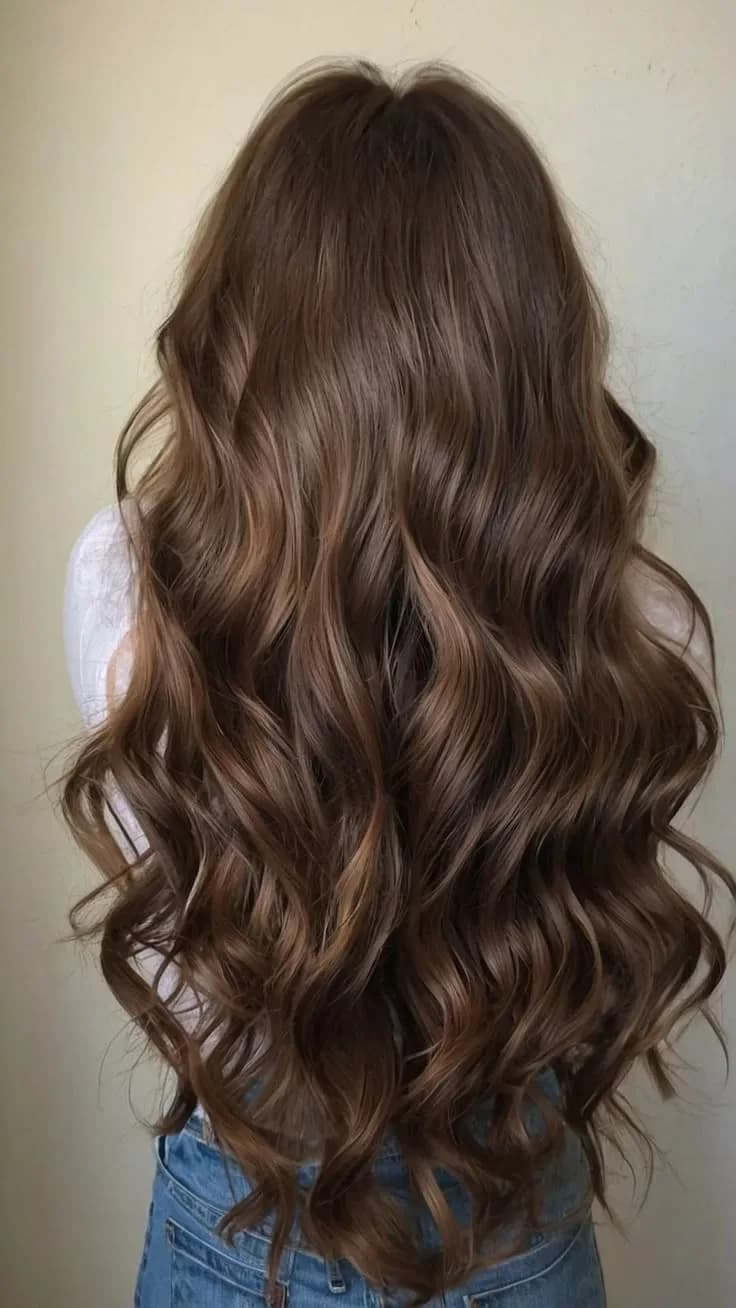 Long soft waves set through mid-brown hair and brushed out for movement
