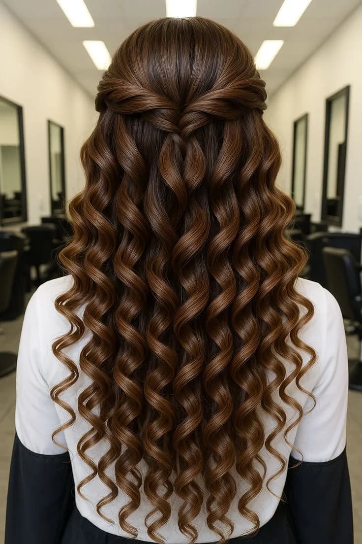 Half-up style over tight, evenly set ringlets running the full length