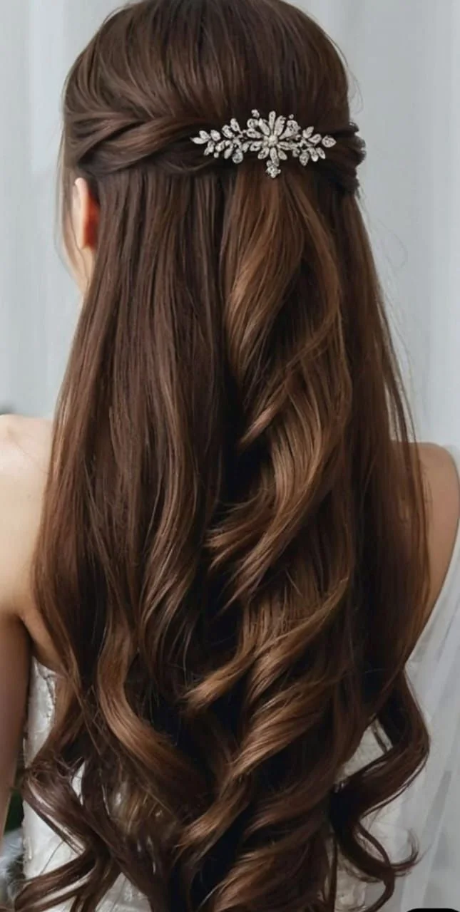 Half-up style with long soft waves, finished with a fine crystal hair vine