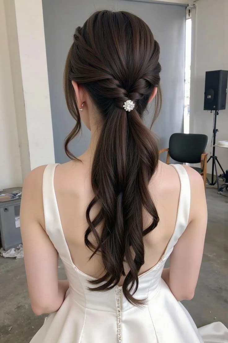 Twisted half-up ponytail with soft waves and a pearl clasp