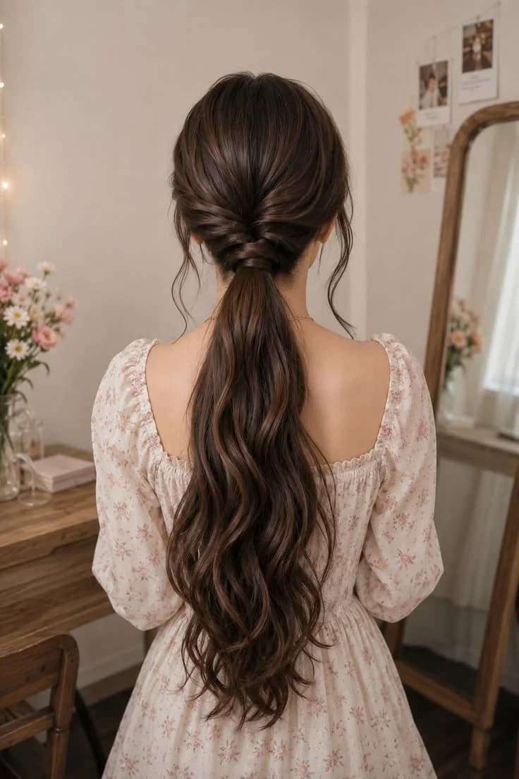 Twisted low ponytail with long loose waves