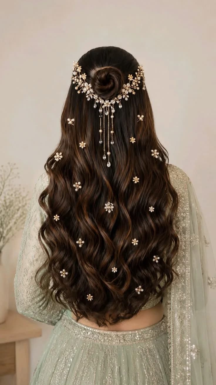 Half-up rose bun with a pearl hair vine and flowers scattered through long waves, worn with a mint lehenga