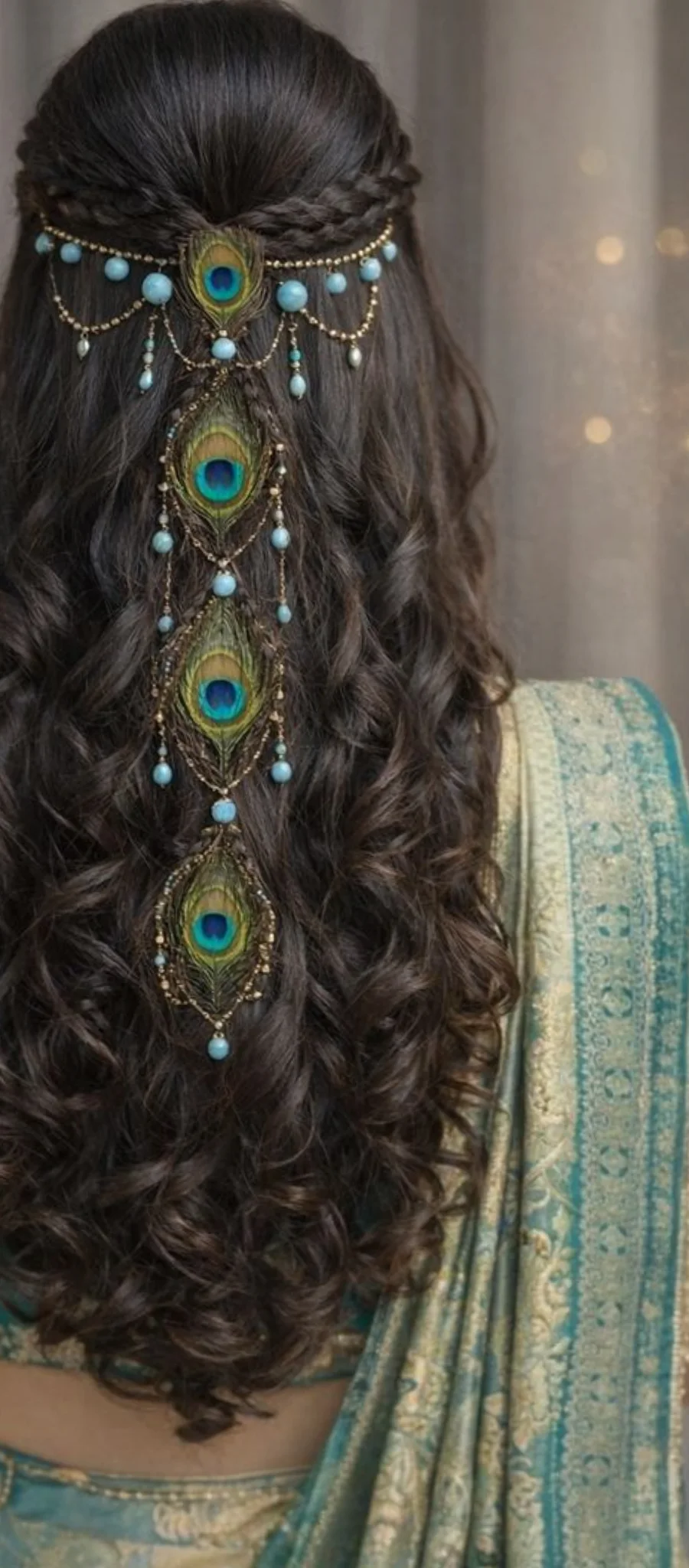 Braided half-up style with a cascading peacock feather and turquoise bead hair chain