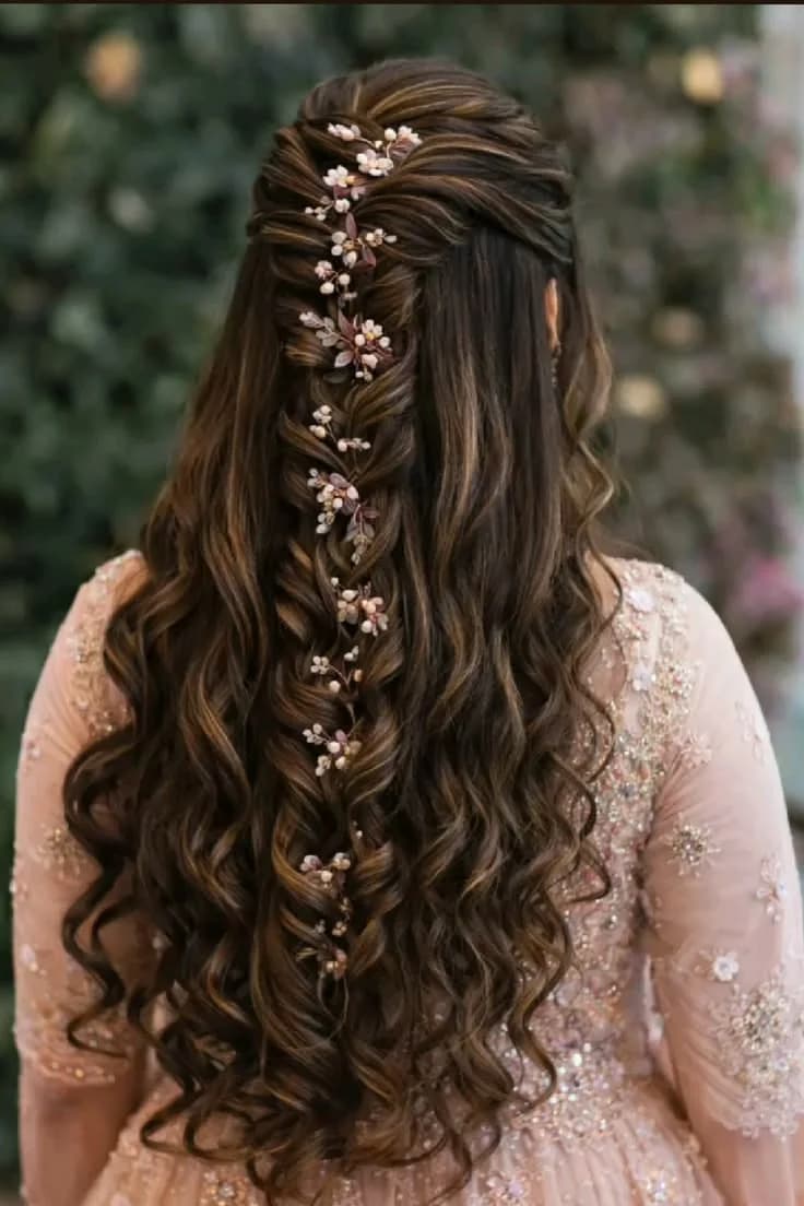 Twisted half-up style with a trailing floral vine woven down the length of soft curls