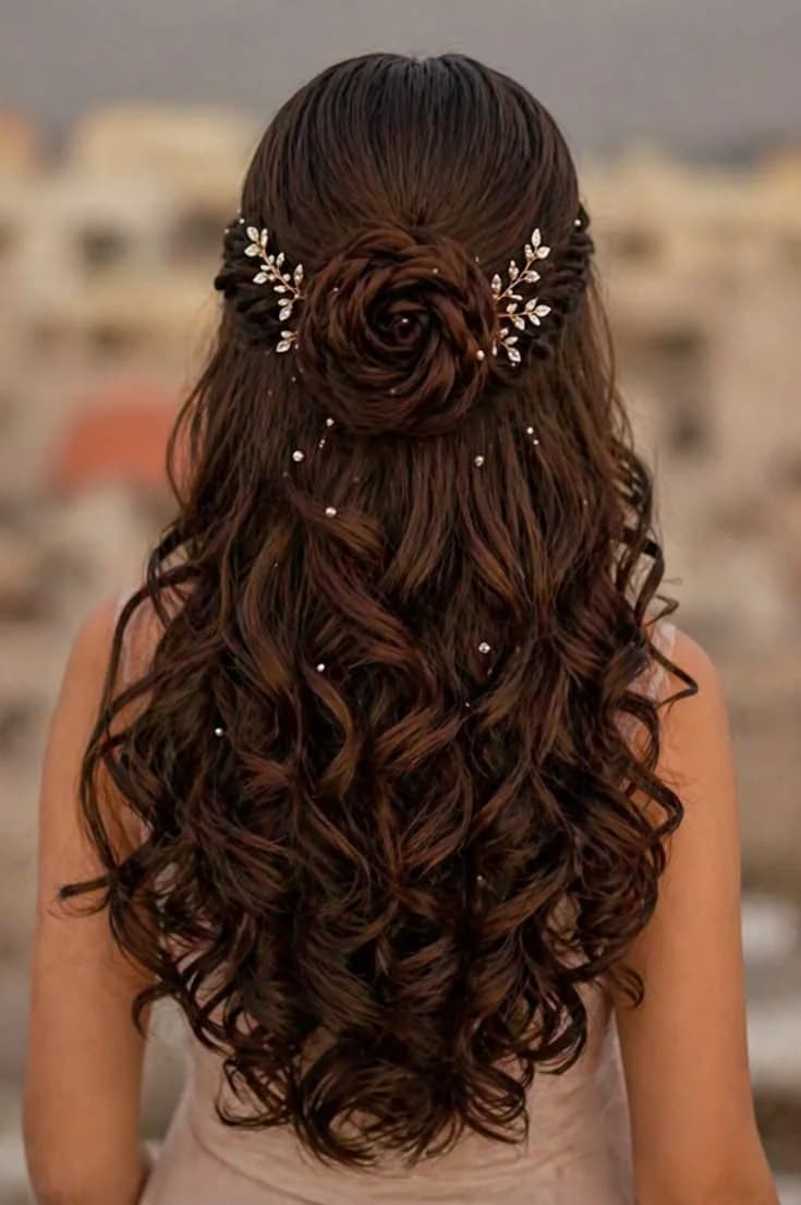Braided rose bun framed with leaf hair pins, worn over long loose curls