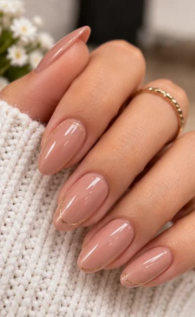 Glossy nude almond gel nails finished with fine gold cuticle lines