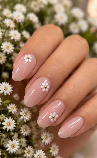 Nude almond gel nails with hand-painted white daisies