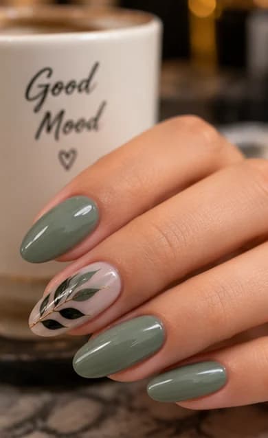Sage green almond gel nails with a painted olive-leaf accent nail