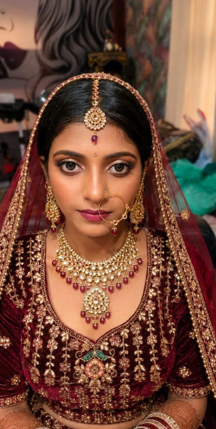 Bridal look in maroon and gold with kundan jewellery, a maang tikka and a statement nath