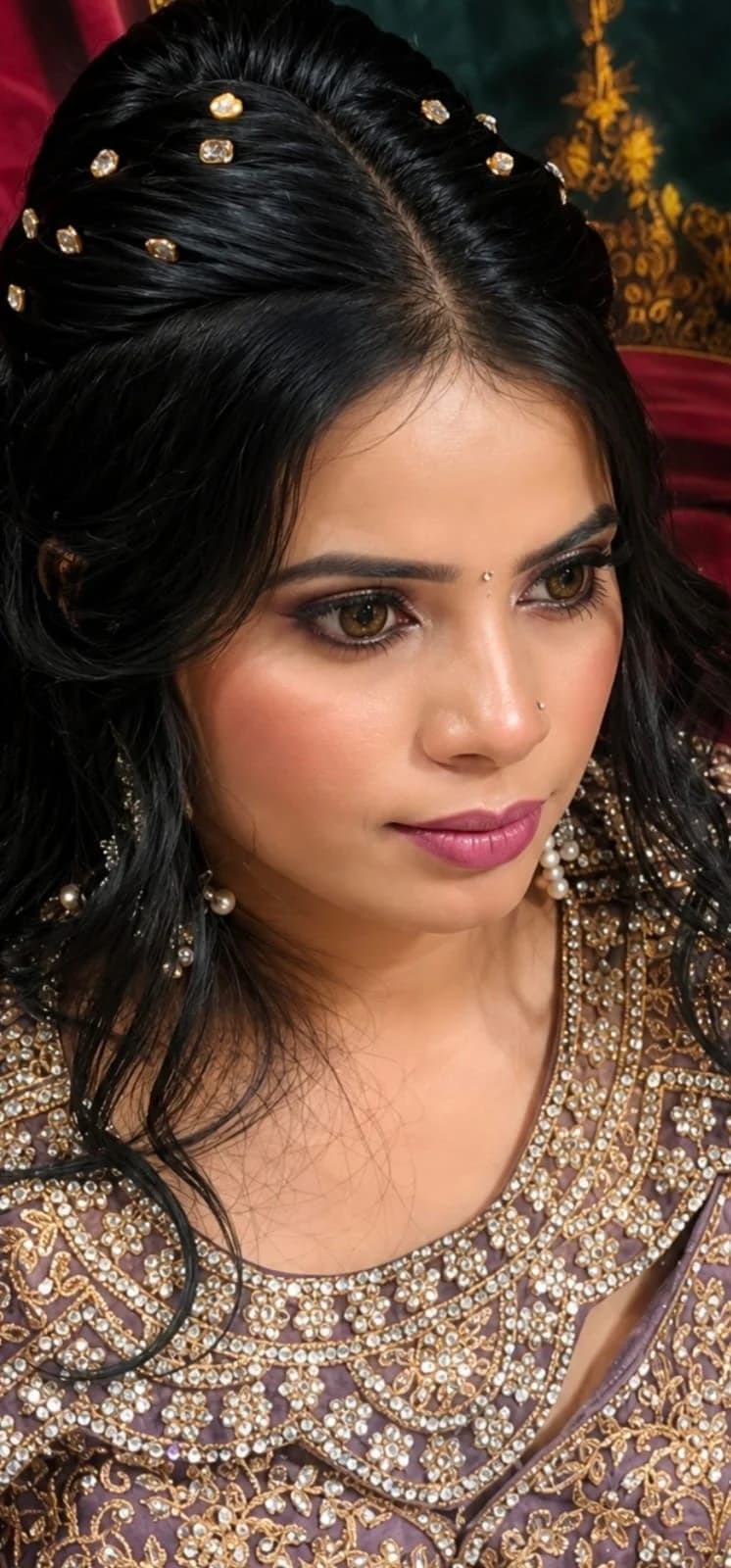 Close-up of a smoky occasion look with a berry lip and crystal-set hair