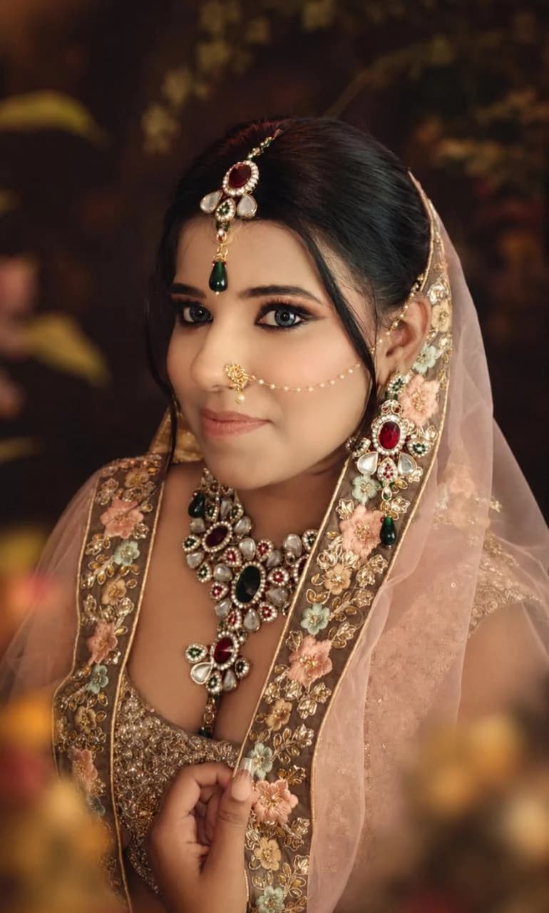 Bridal look in peach and gold with a nath, maang tikka and layered kundan jewellery