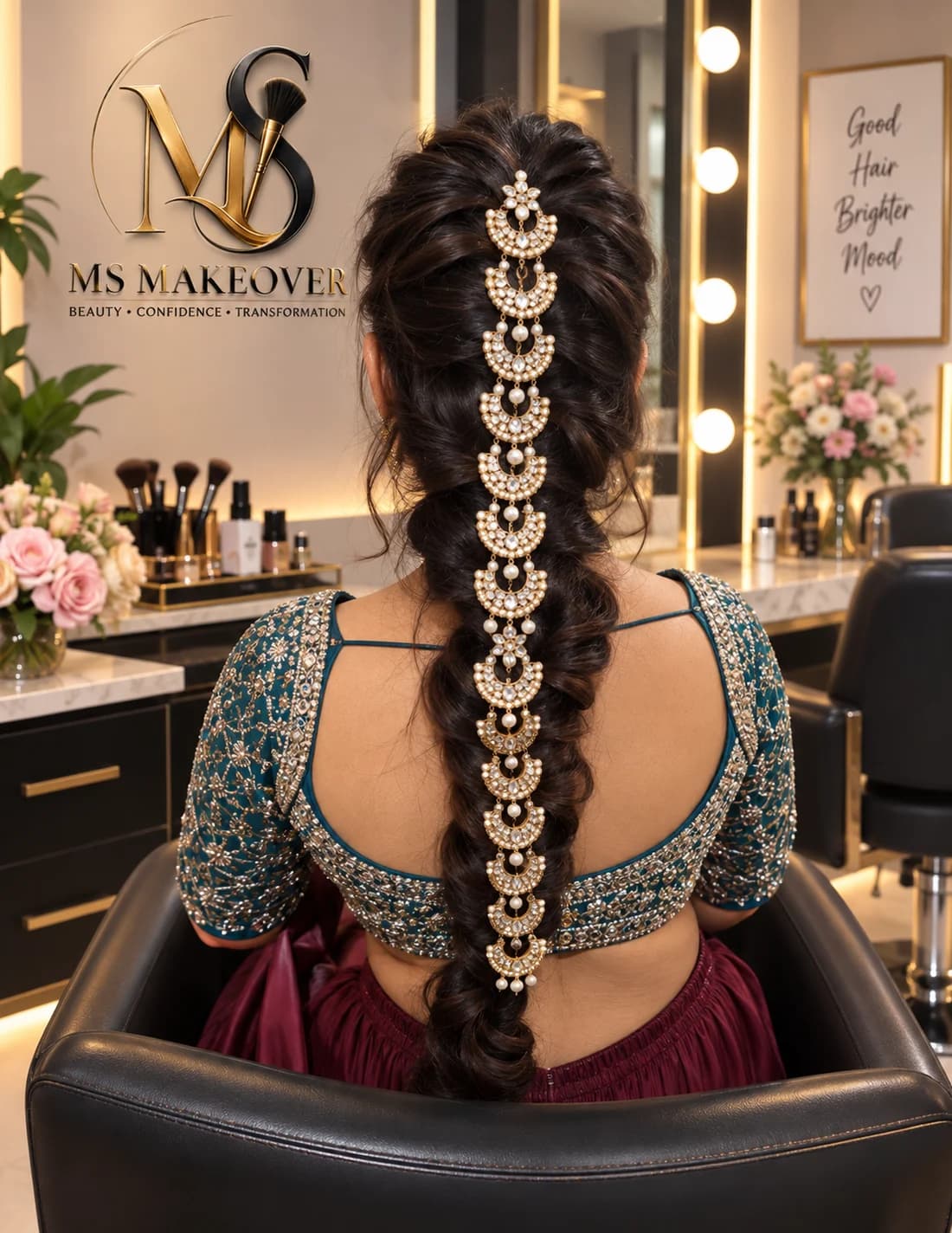 Bridal braid dressed the full length with a kundan and pearl hair chain