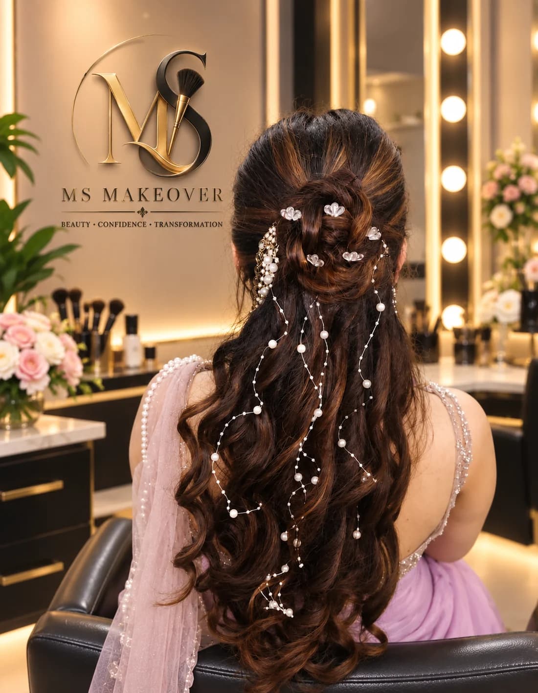 Half-up bridal curls dressed with trailing pearl strands and floral pins