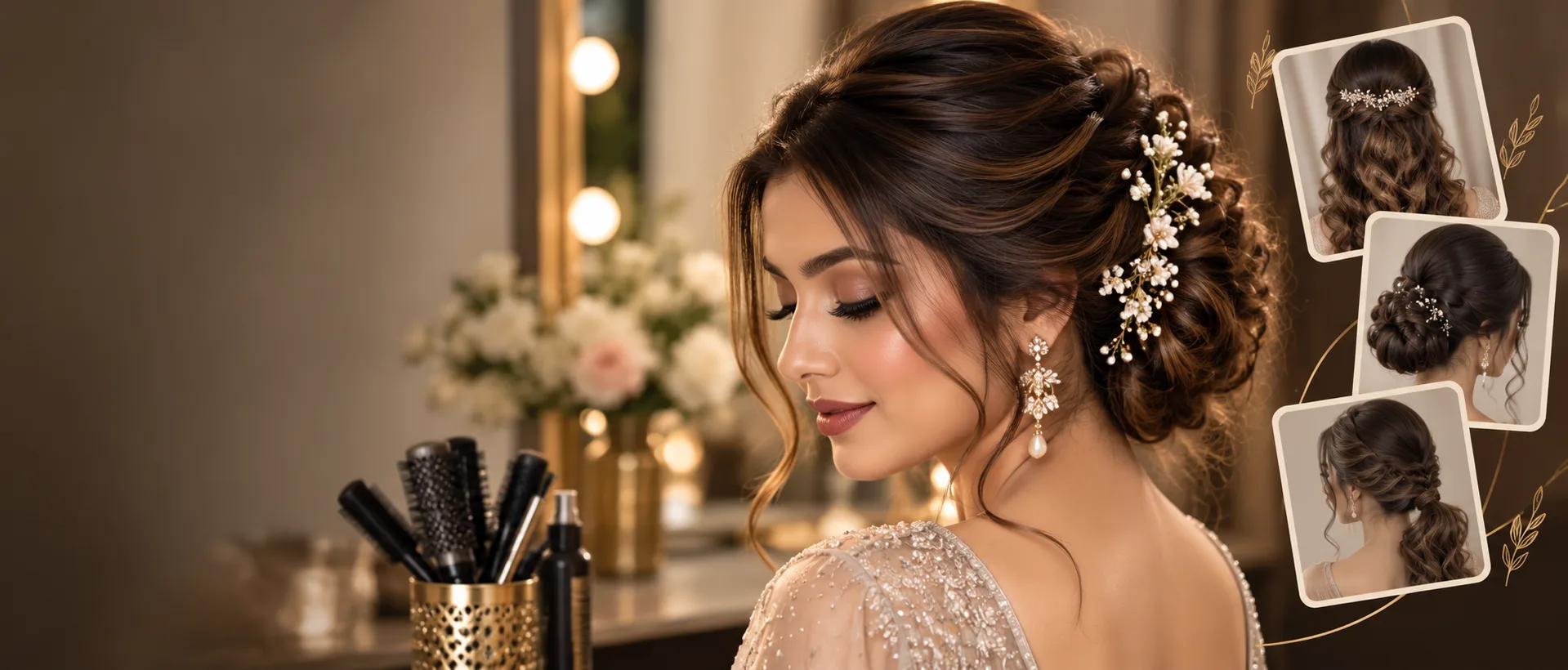 A floral-dressed bridal updo photographed at the studio mirror, with three further styles shown alongside
