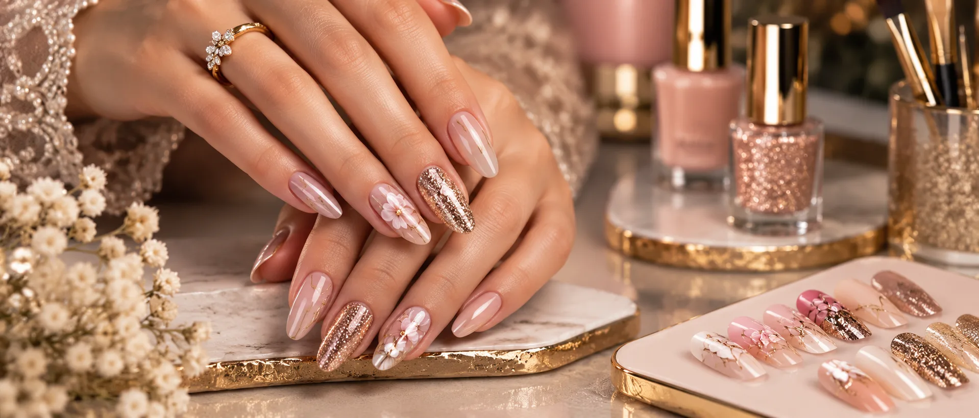 Almond nails in blush and rose gold with hand-painted flowers, beside polish bottles and a tip display