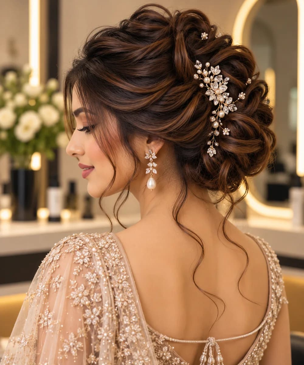 Sculpted curled updo dressed with a pearl and crystal hair vine
