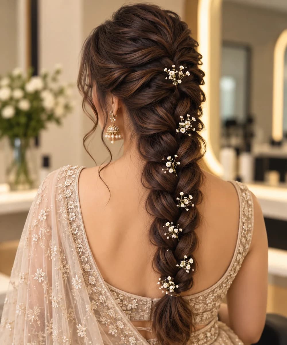 Loose fishtail braid trailed the full length with baby’s breath
