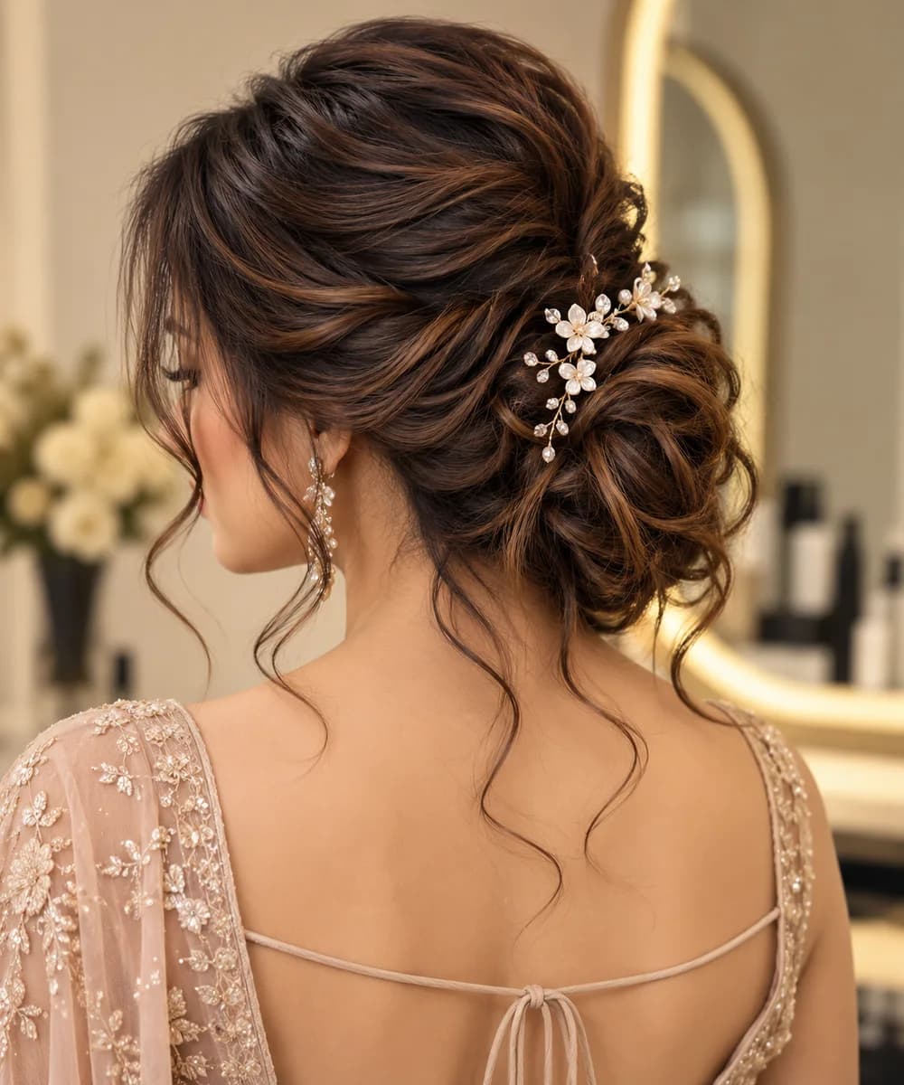 Voluminous messy low bun dressed with a delicate floral hairpin