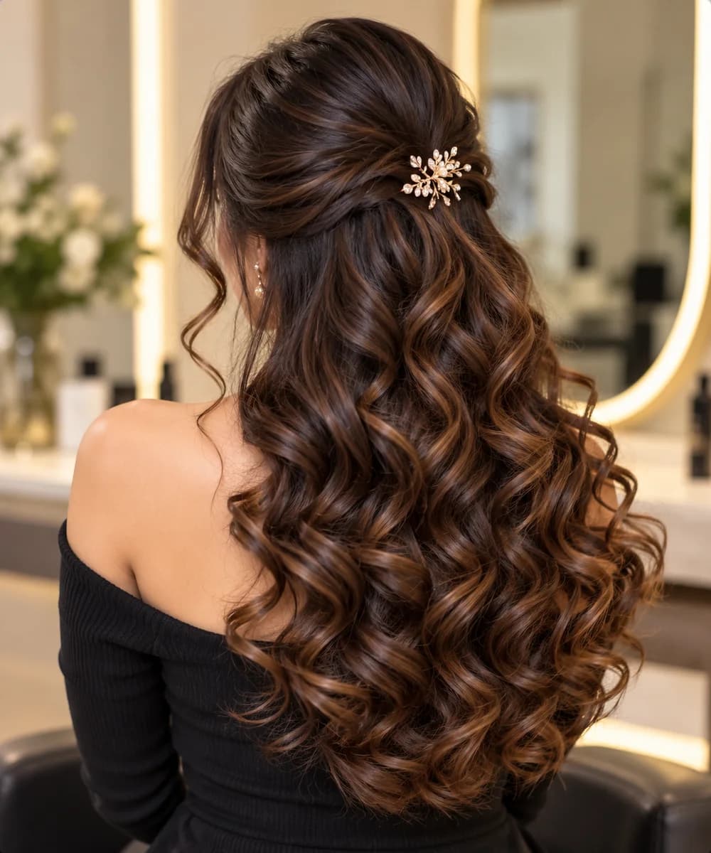 Half-up style over full bouncy curls, pinned with a gold hair clip