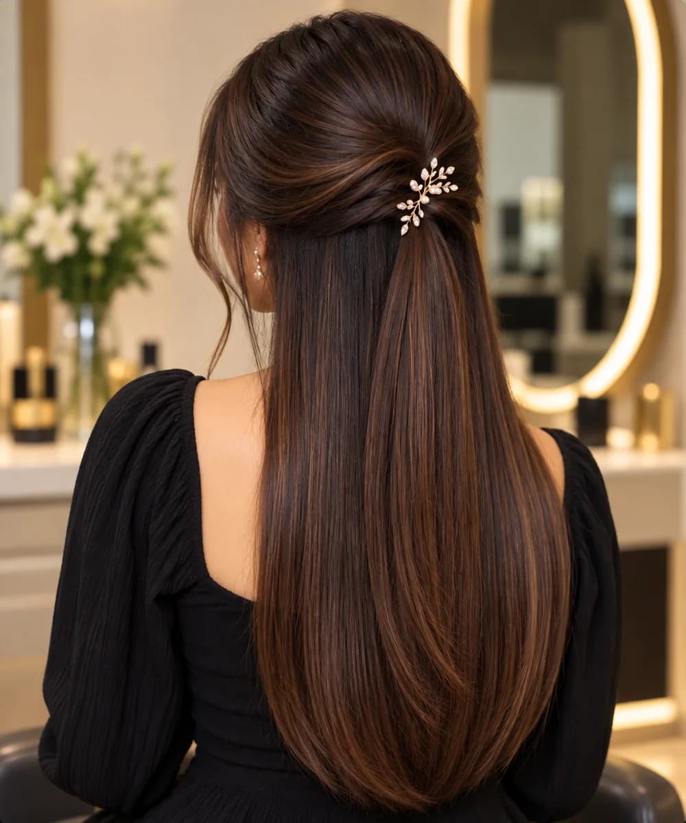 Sleek half-up style over long straight hair, pinned with a crystal leaf clip