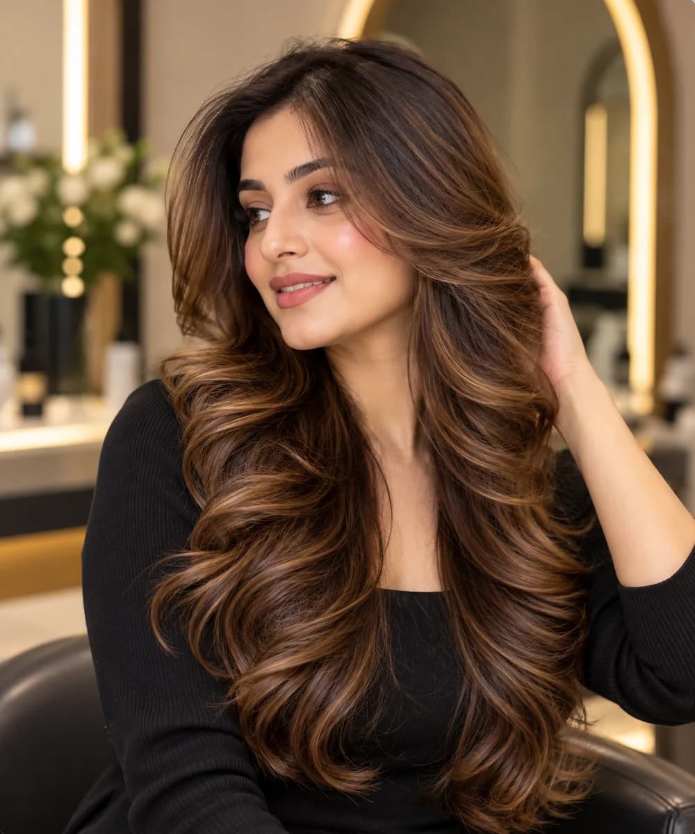 Long blow-dried waves with a deep side parting and face-framing layers