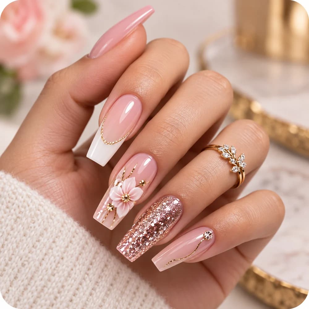 Long acrylic coffin nails in blush and rose gold, with a three-dimensional flower and a glitter accent nail