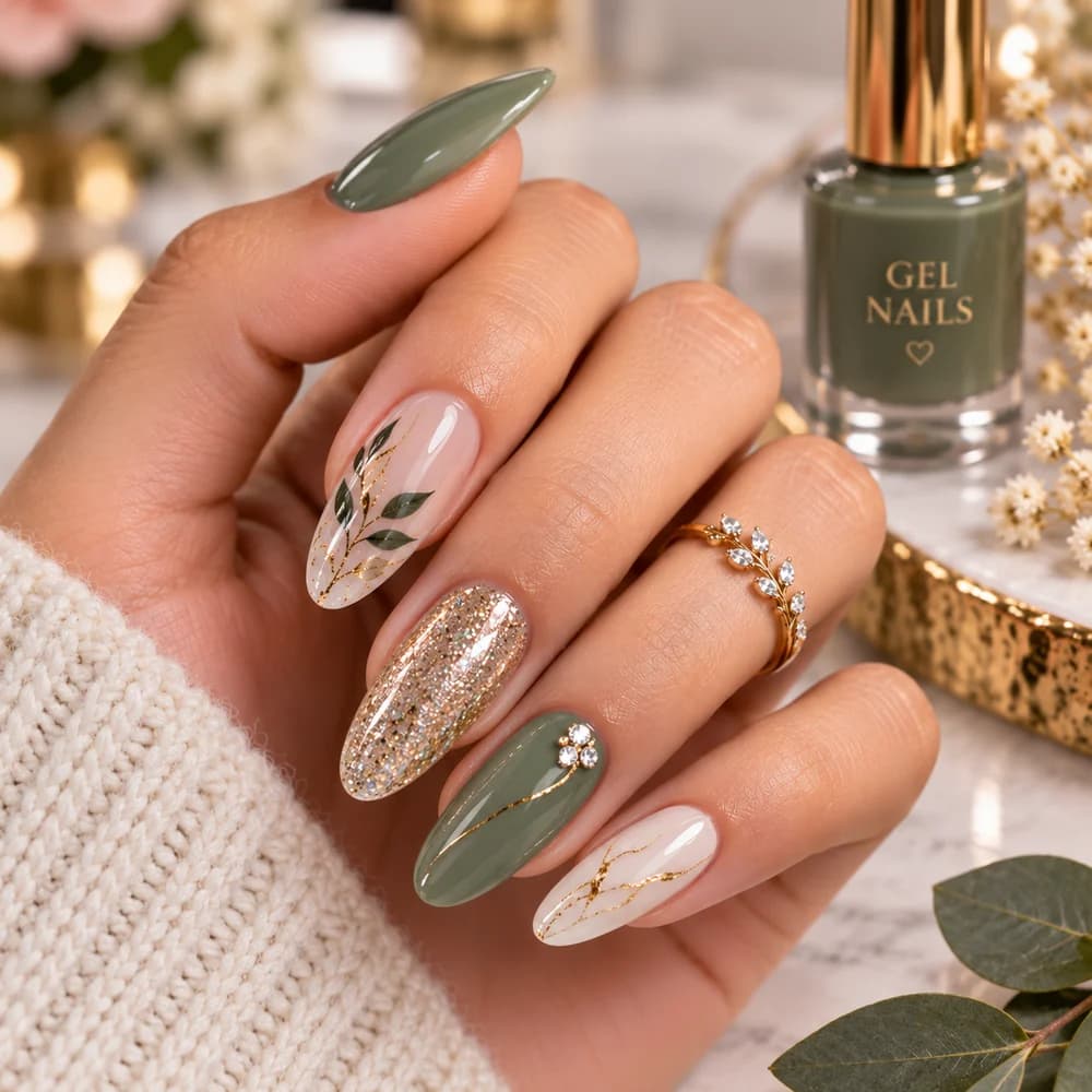 Almond gel nails in sage green and nude with hand-painted gold leaf detailing, glitter and crystal accents