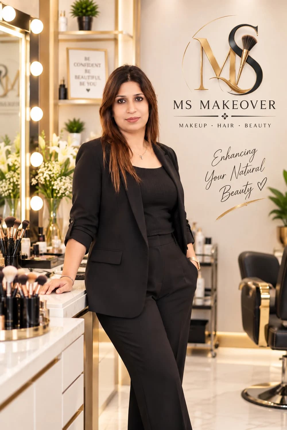 Saroj Rani at the MS Makeover studio, beside her brush station and lit mirror