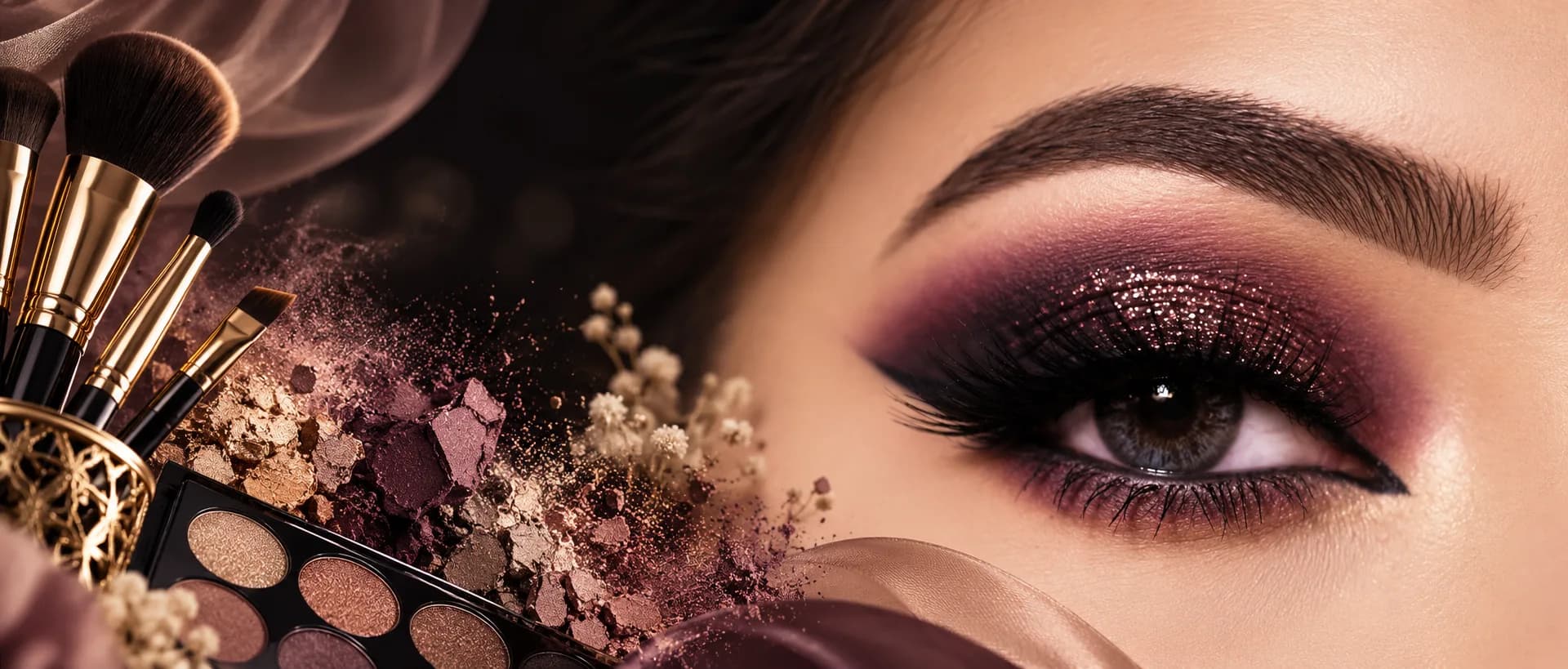 A close-up of a smoky plum and bronze eye look beside brushes and a pressed-shadow palette