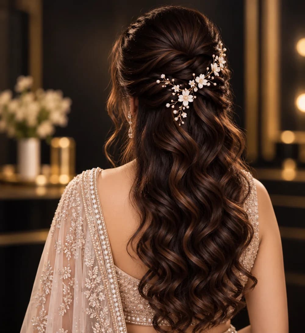 Half-up bridal hairstyle with soft waves and a pearl and flower hair vine, seen from behind