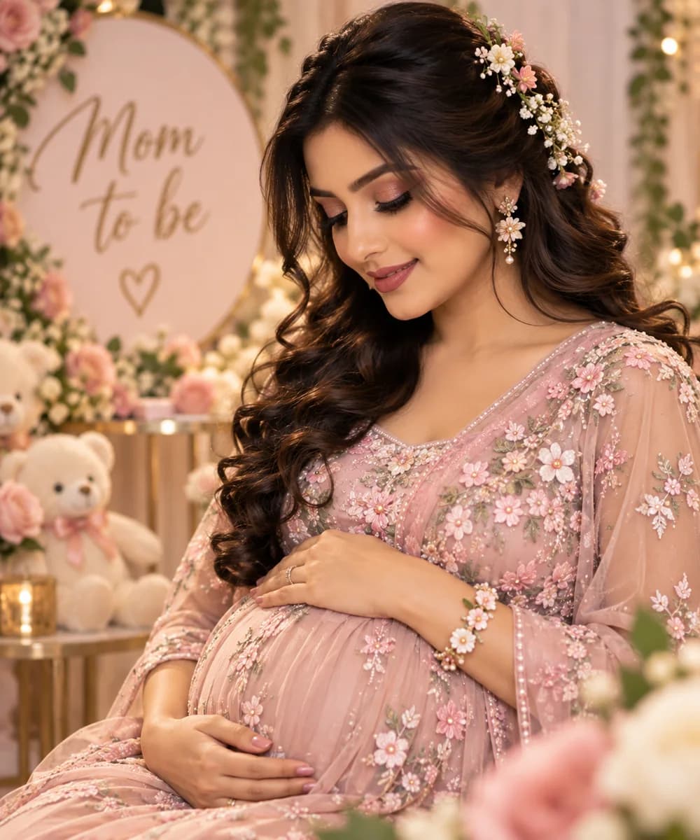 Baby-shower look with soft glowing makeup and floral-dressed waves, photographed against a Mom-to-be backdrop