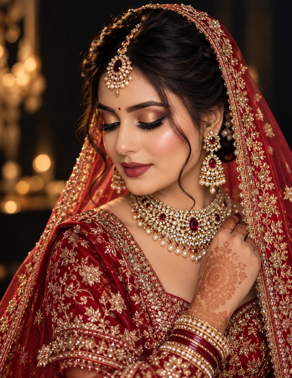 Bride in a red and gold lehenga with a maang tikka, kundan jewellery and henna, wearing a warm bronze bridal eye
