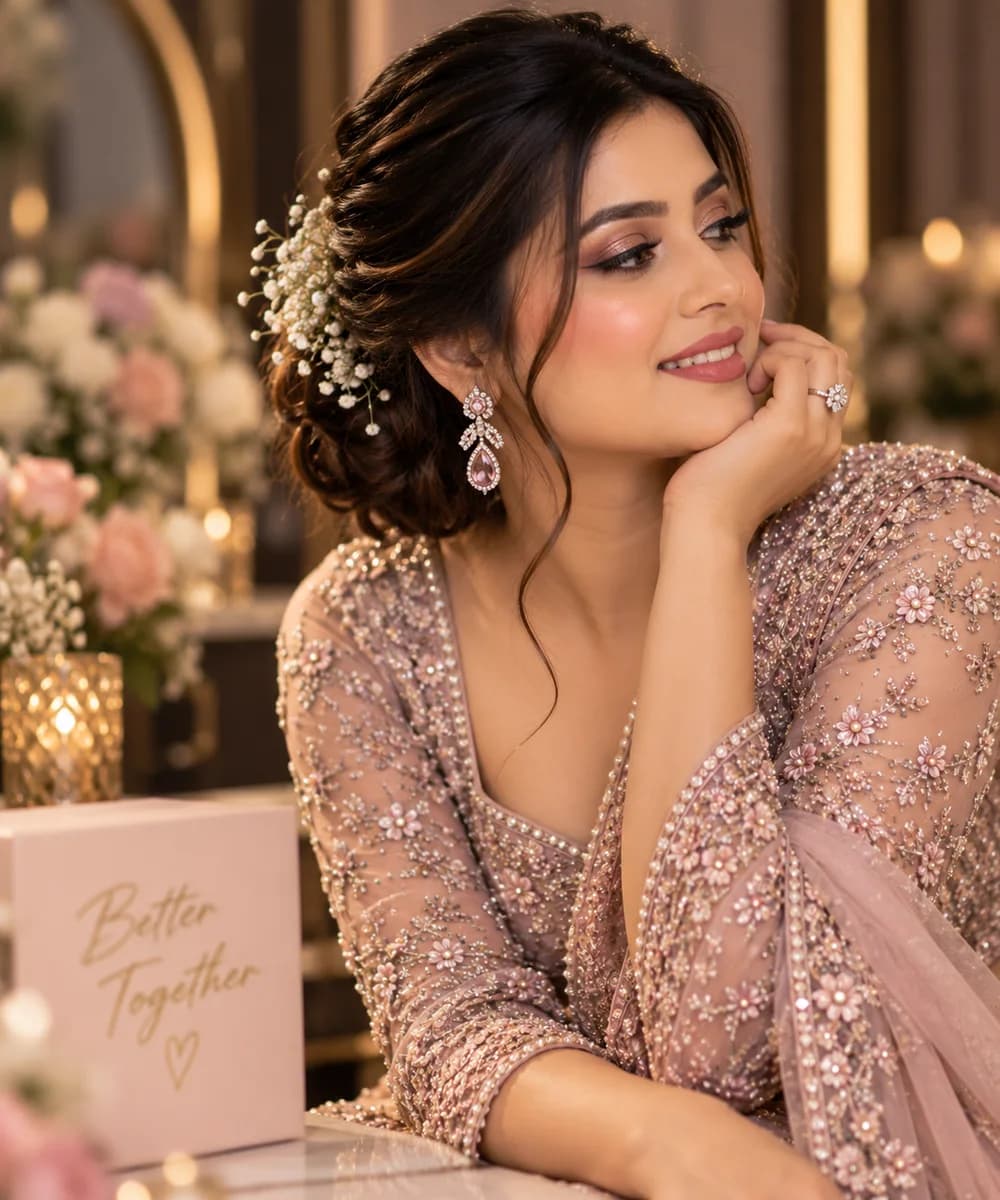 Engagement look in a blush embroidered outfit, with a soft rose eye and a low bun dressed with baby’s breath