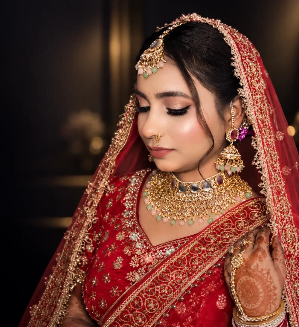 Bride in a red and gold lehenga with kundan jewellery, wearing a warm-toned bridal makeup look