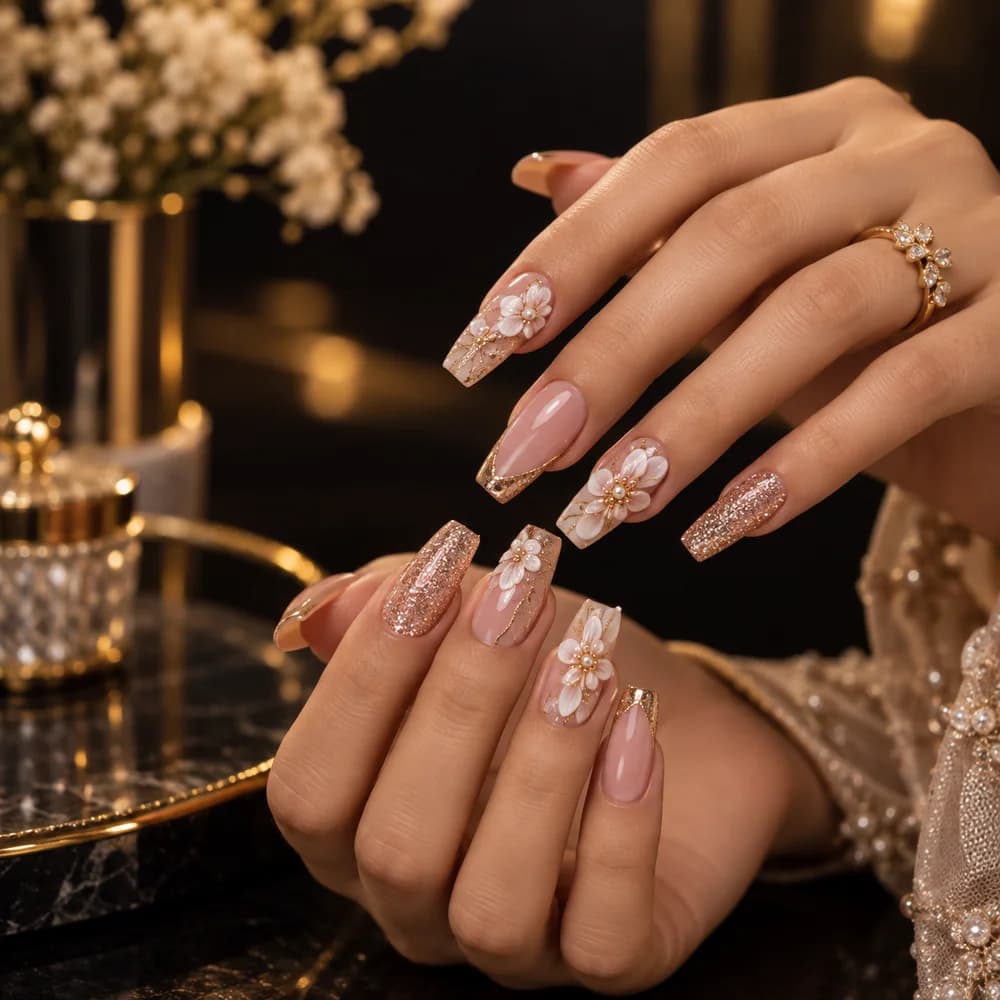 Long coffin nails in blush and rose gold glitter with three-dimensional flower and pearl detailing